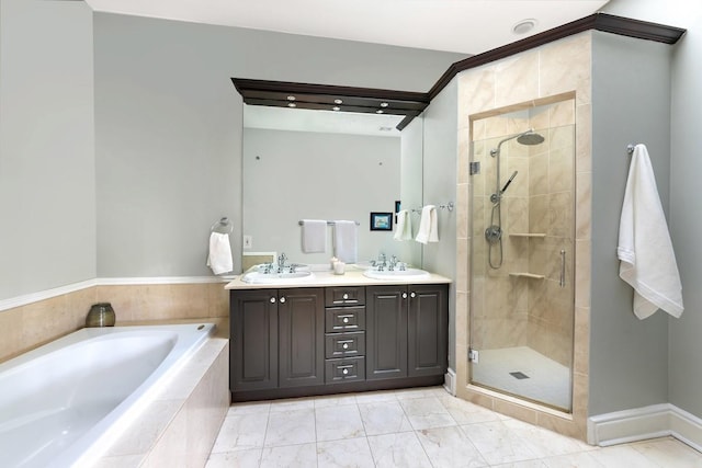 full bathroom with a shower stall, a bath, double vanity, and marble look tile flooring