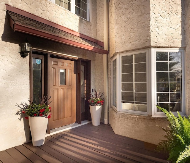 doorway to property with stucco siding