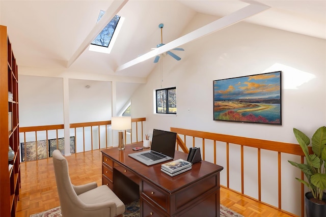52 Round Hill Rd, Dobbs Ferry, NY 10522 - office with ceiling fan, a skylight, and high vaulted ceiling