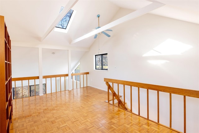 52 Round Hill Rd, Dobbs Ferry, NY 10522 - additional living space featuring a skylight, high vaulted ceiling, baseboards, and a ceiling fan