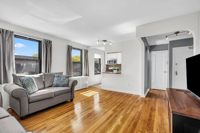 living area featuring baseboards, rail lighting, and light wood finished floors