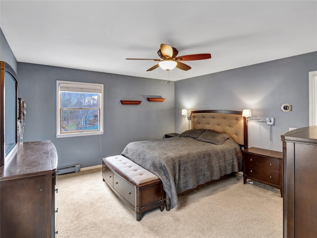 bedroom featuring a baseboard radiator, carpet floors, baseboards, and ceiling fan