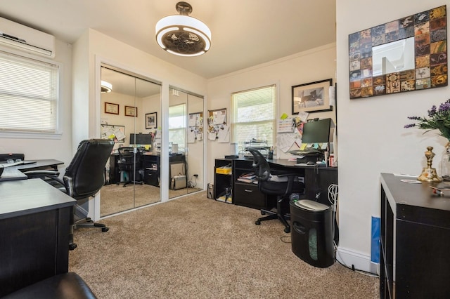 office space with an AC wall unit and carpet