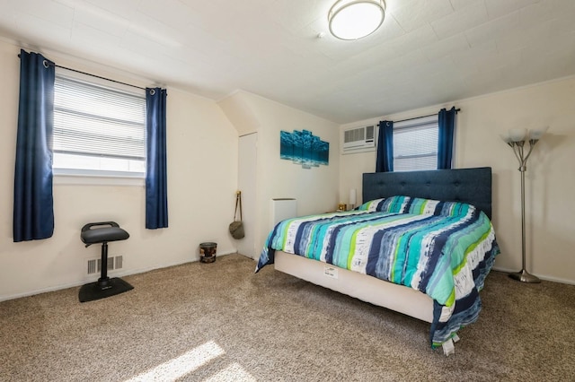 carpeted bedroom featuring multiple windows, a wall mounted AC, and visible vents