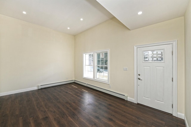 entrance foyer with a baseboard heating unit, baseboards, recessed lighting, dark wood-type flooring, and a baseboard radiator