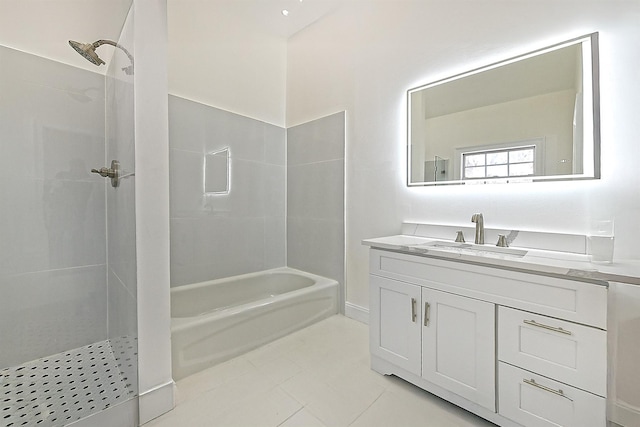 bathroom with vanity, walk in shower, tile patterned flooring, and a tub to relax in