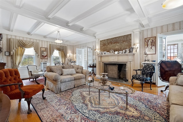 1271 Beverly Rd, Douglaston, NY 11363 - living area featuring a fireplace, wood finished floors, beam ceiling, and coffered ceiling
