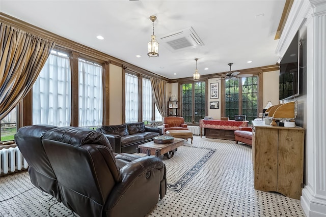 1271 Beverly Rd, Douglaston, NY 11363 - living room featuring recessed lighting, a ceiling fan, visible vents, and radiator heating unit