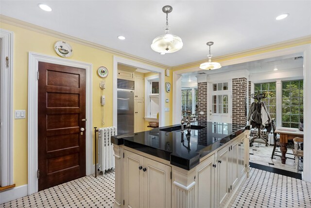 1271 Beverly Rd, Douglaston, NY 11363 - kitchen with ornamental molding, radiator heating unit, pendant lighting, and recessed lighting
