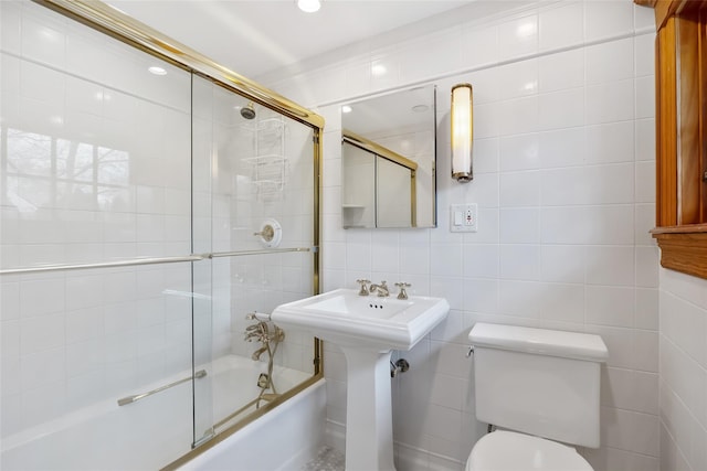 1271 Beverly Rd, Douglaston, NY 11363 - full bath with toilet, shower / bath combination with glass door, and tile walls