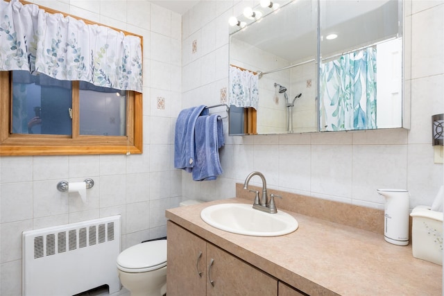 bathroom featuring decorative backsplash, curtained shower, tile walls, radiator, and toilet