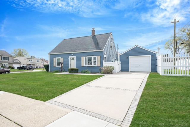 cape cod house with a chimney, a front yard, roof with shingles, fence, and concrete driveway