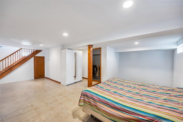 bedroom featuring light floors, a closet, and recessed lighting