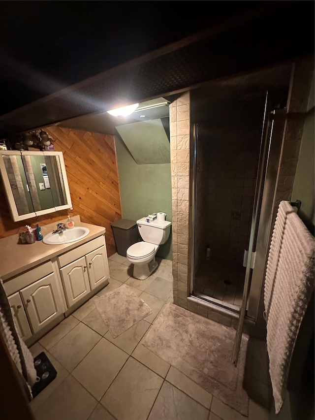 77-29 80th St, Glendale, NY 11385 - full bathroom featuring wooden walls, toilet, vanity, and a shower stall