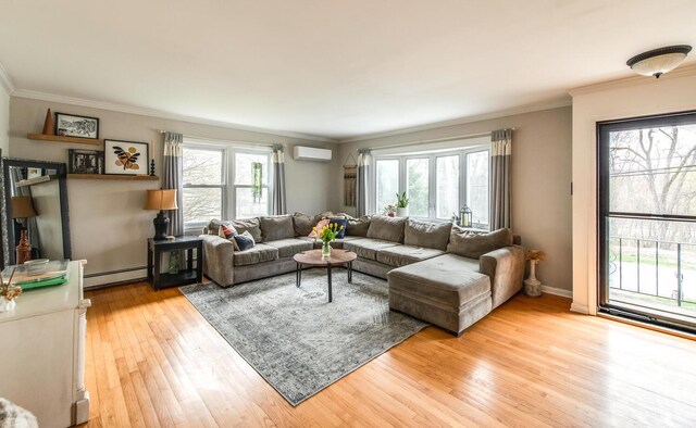 37 Rural Ave, Wingdale, NY 12594 - living area featuring crown molding, a baseboard heating unit, a wall mounted AC, and light wood-style floors