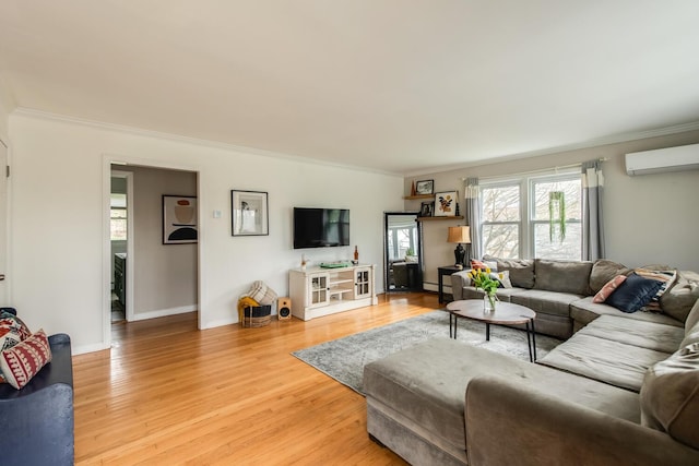 37 Rural Ave, Wingdale, NY 12594 - living room featuring crown molding, baseboards, baseboard heating, a wall unit AC, and light wood finished floors