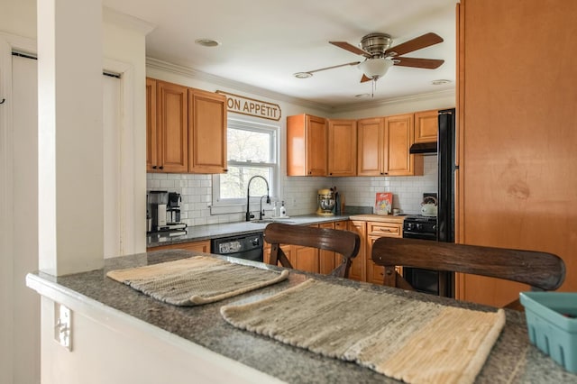 37 Rural Ave, Wingdale, NY 12594 - kitchen featuring backsplash, ceiling fan, a sink, and black appliances