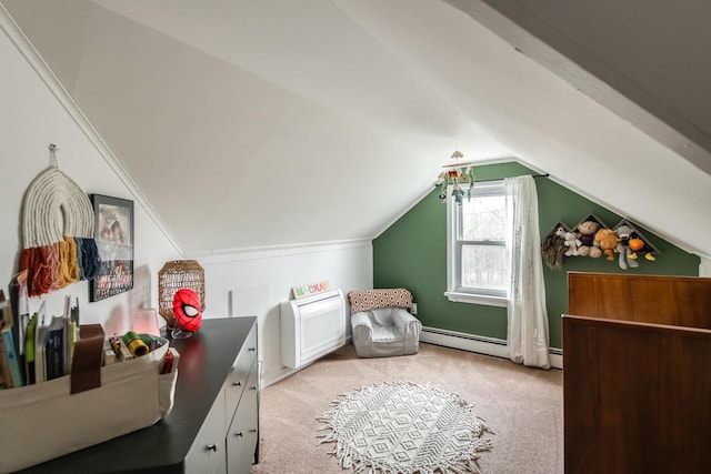 37 Rural Ave, Wingdale, NY 12594 - bedroom featuring a baseboard radiator, lofted ceiling, and light colored carpet
