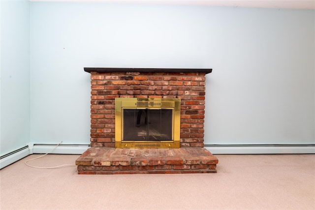 37 Lincoln Dr, Poughkeepsie, NY 12601 - interior details with baseboard heating, a brick fireplace, carpet floors, and a baseboard radiator
