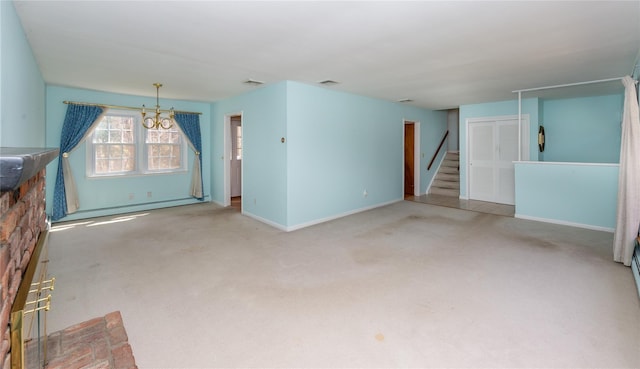 37 Lincoln Dr, Poughkeepsie, NY 12601 - unfurnished living room featuring stairs, baseboards, a notable chandelier, carpet flooring, and visible vents