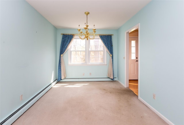 37 Lincoln Dr, Poughkeepsie, NY 12601 - unfurnished room with a baseboard heating unit, baseboards, a notable chandelier, and carpet
