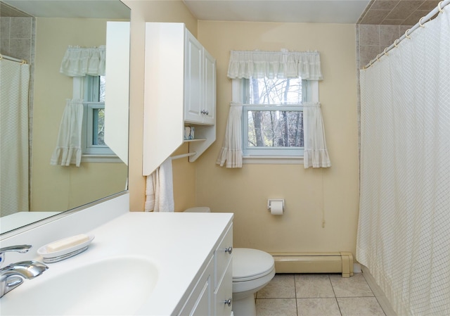 37 Lincoln Dr, Poughkeepsie, NY 12601 - full bathroom with baseboard heating, tile patterned floors, vanity, curtained shower, and toilet