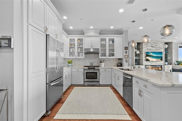 kitchen featuring a sink, white cabinets, a peninsula, dark wood-style floors, and stainless steel appliances