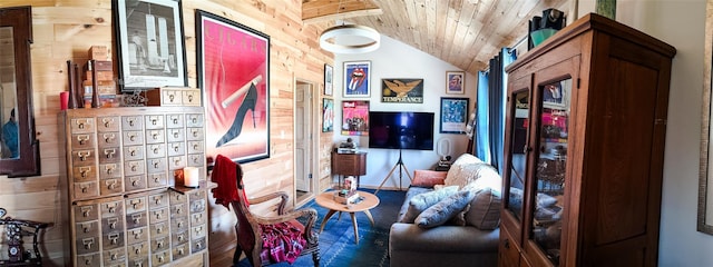 living area with lofted ceiling, mail area, and wooden ceiling