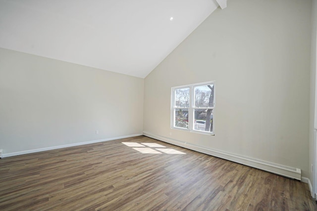 unfurnished room featuring wood finished floors, beamed ceiling, baseboards, a baseboard radiator, and high vaulted ceiling