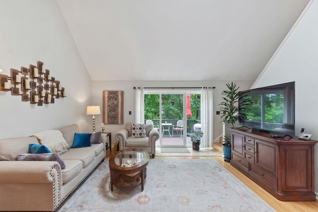 living room with lofted ceiling and light wood-type flooring