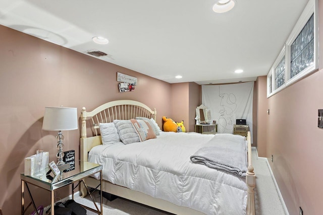 carpeted bedroom with visible vents, recessed lighting, and baseboards