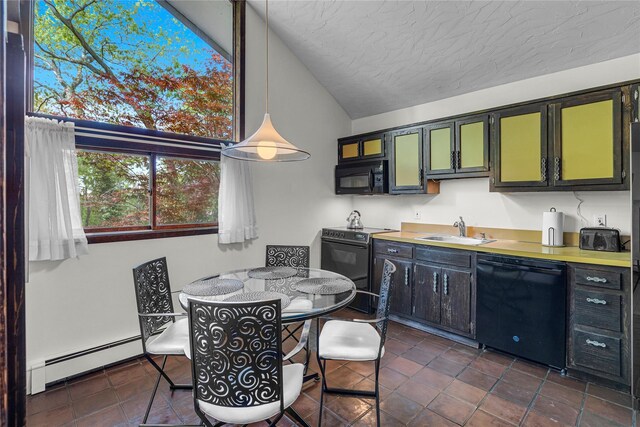9 Salonga Woods Rd, Northport, NY 11768 - kitchen with black appliances, a sink, vaulted ceiling, a textured ceiling, and a baseboard radiator