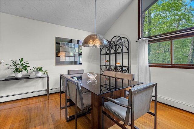 9 Salonga Woods Rd, Northport, NY 11768 - dining area with wood-type flooring, baseboard heating, and lofted ceiling