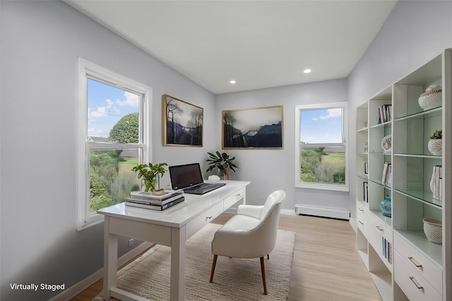 office featuring light wood finished floors, baseboards, plenty of natural light, and a baseboard radiator