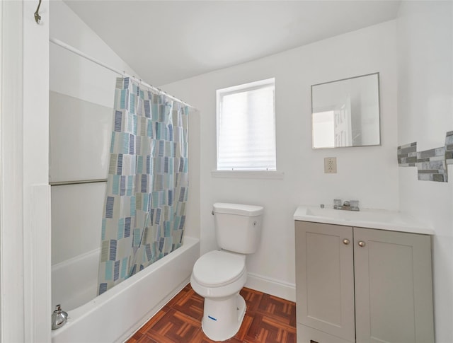 full bathroom featuring toilet, vaulted ceiling, shower / bath combination with curtain, and vanity