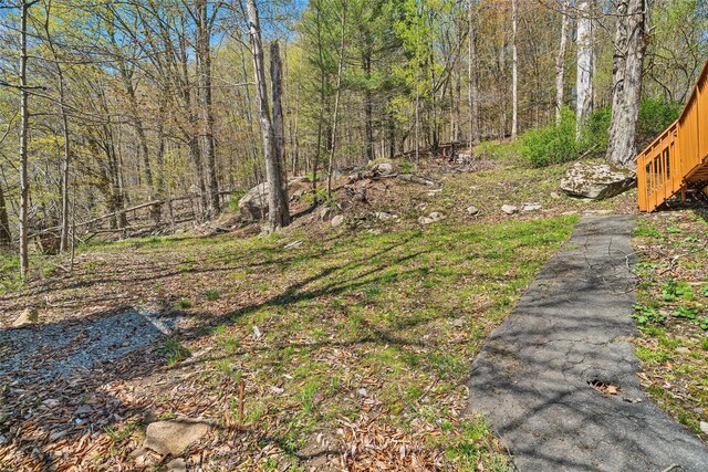 view of yard with a forest view