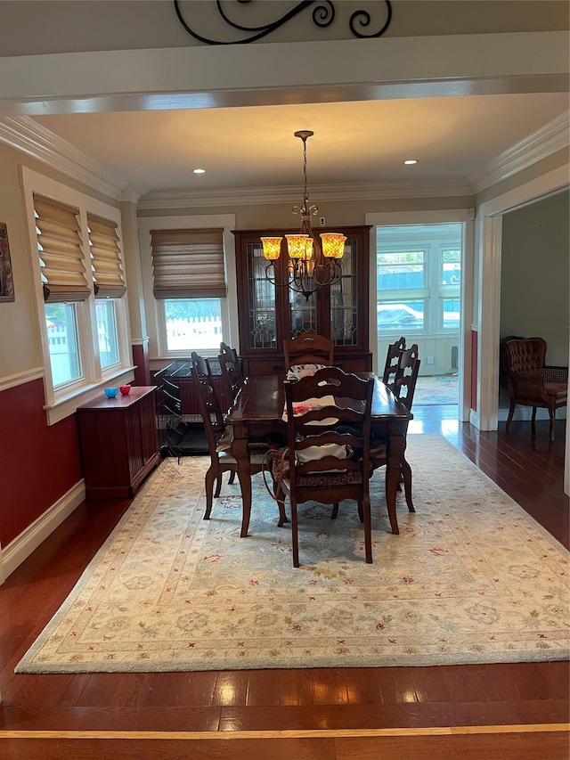 20815 38th Ave, Bayside, NY 11361 - dining space featuring hardwood / wood-style flooring, plenty of natural light, ornamental molding, a chandelier, and baseboards