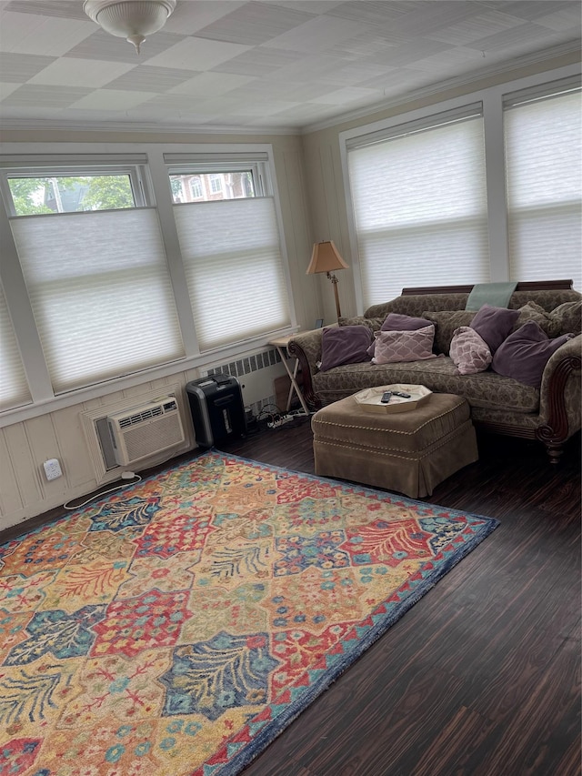 20815 38th Ave, Bayside, NY 11361 - living room with wood finished floors, an AC wall unit, and crown molding