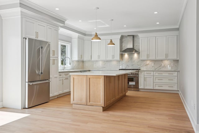 44 Harbor Hills Dr, Port Washington, NY 11050 - kitchen with high end appliances, tasteful backsplash, light wood-style flooring, wall chimney range hood, and light countertops