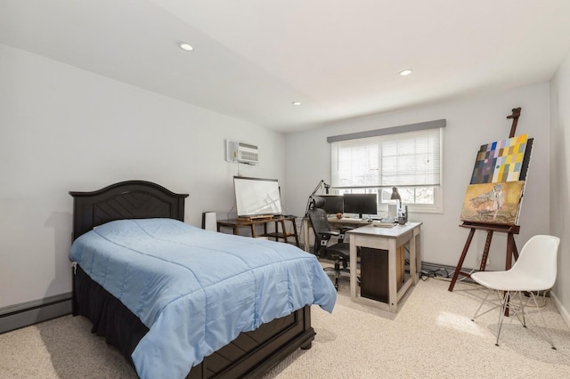 186 Stuart Rd, Valley Stream, NY 11581 - bedroom with recessed lighting, a wall mounted AC, baseboards, and light carpet