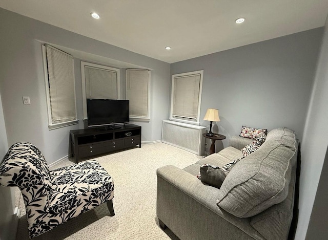186 Stuart Rd, Valley Stream, NY 11581 - living room featuring recessed lighting, radiator heating unit, carpet floors, and baseboards