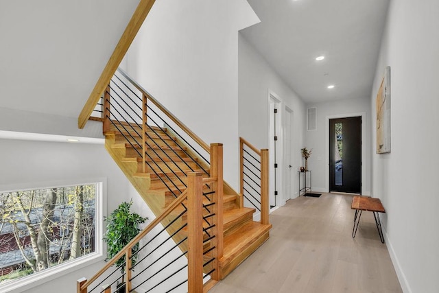 123 N Riverside Ave, Croton-On-Hudson, NY 10520 - entrance foyer featuring a wealth of natural light, stairs, light wood-style floors, and recessed lighting