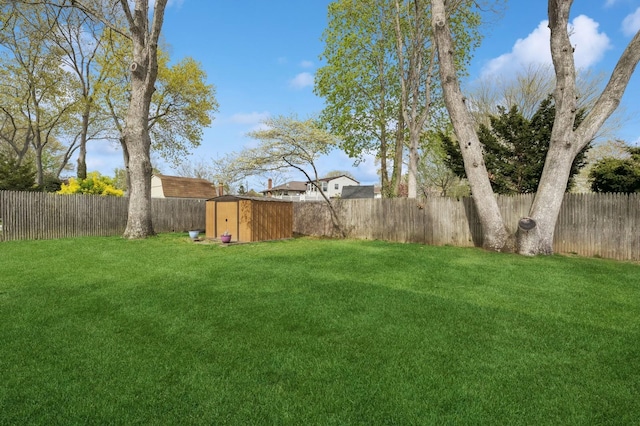 view of yard with a storage unit, a fenced backyard, and an outdoor structure