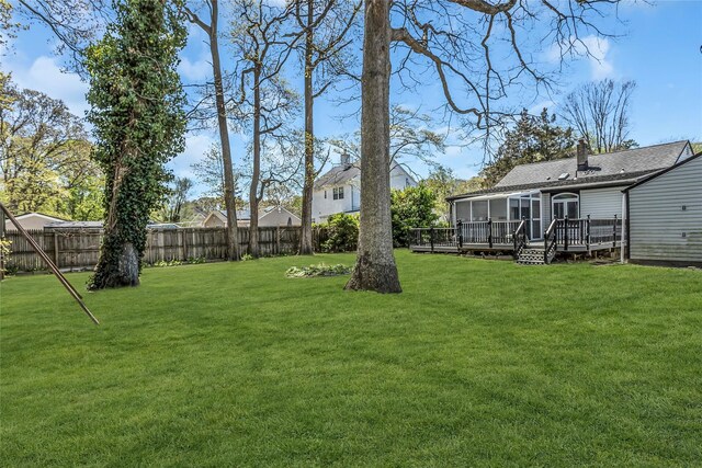 118 Noel Dr, Centereach, NY 11720 - view of yard with a wooden deck, a sunroom, and fence private yard