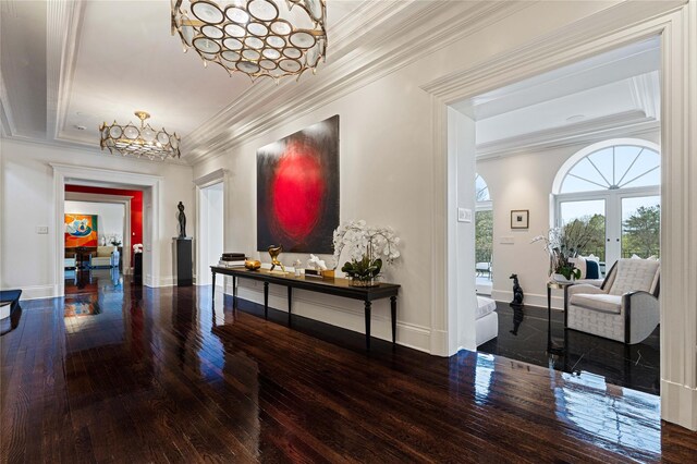 2 Fargo Ln, Irvington, NY 10533 - corridor with a chandelier, wood-type flooring, ornamental molding, and baseboards
