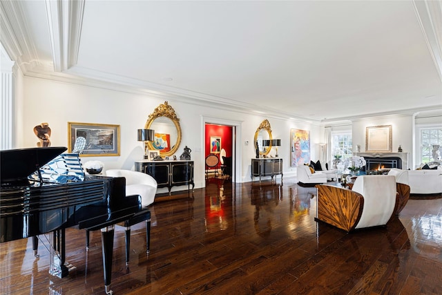 2 Fargo Ln, Irvington, NY 10533 - living room with wood-type flooring, crown molding, a lit fireplace, and baseboards