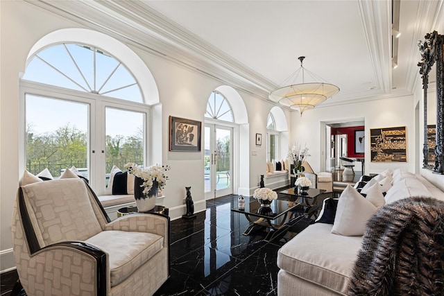2 Fargo Ln, Irvington, NY 10533 - living room with ornamental molding, baseboards, and granite floors