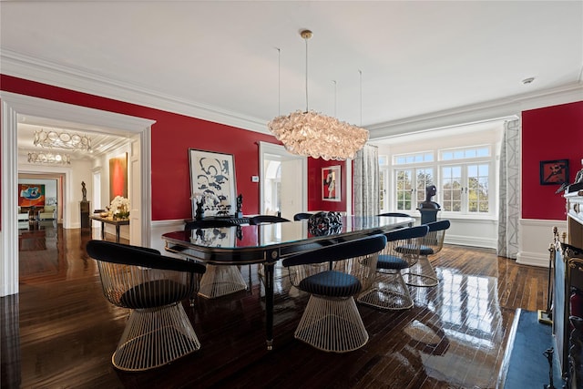 2 Fargo Ln, Irvington, NY 10533 - dining space with a chandelier, crown molding, a wainscoted wall, and wood-type flooring