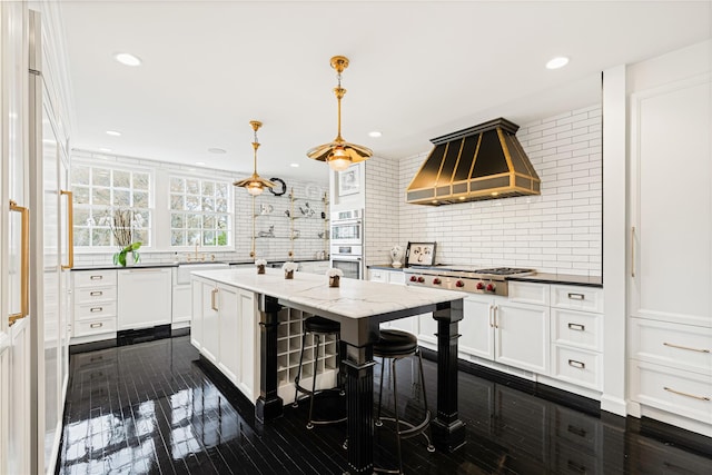 2 Fargo Ln, Irvington, NY 10533 - kitchen featuring custom range hood, backsplash, dishwasher, white cabinets, and recessed lighting
