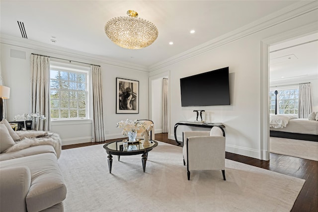 2 Fargo Ln, Irvington, NY 10533 - living area with wood finished floors, a chandelier, baseboards, ornamental molding, and recessed lighting